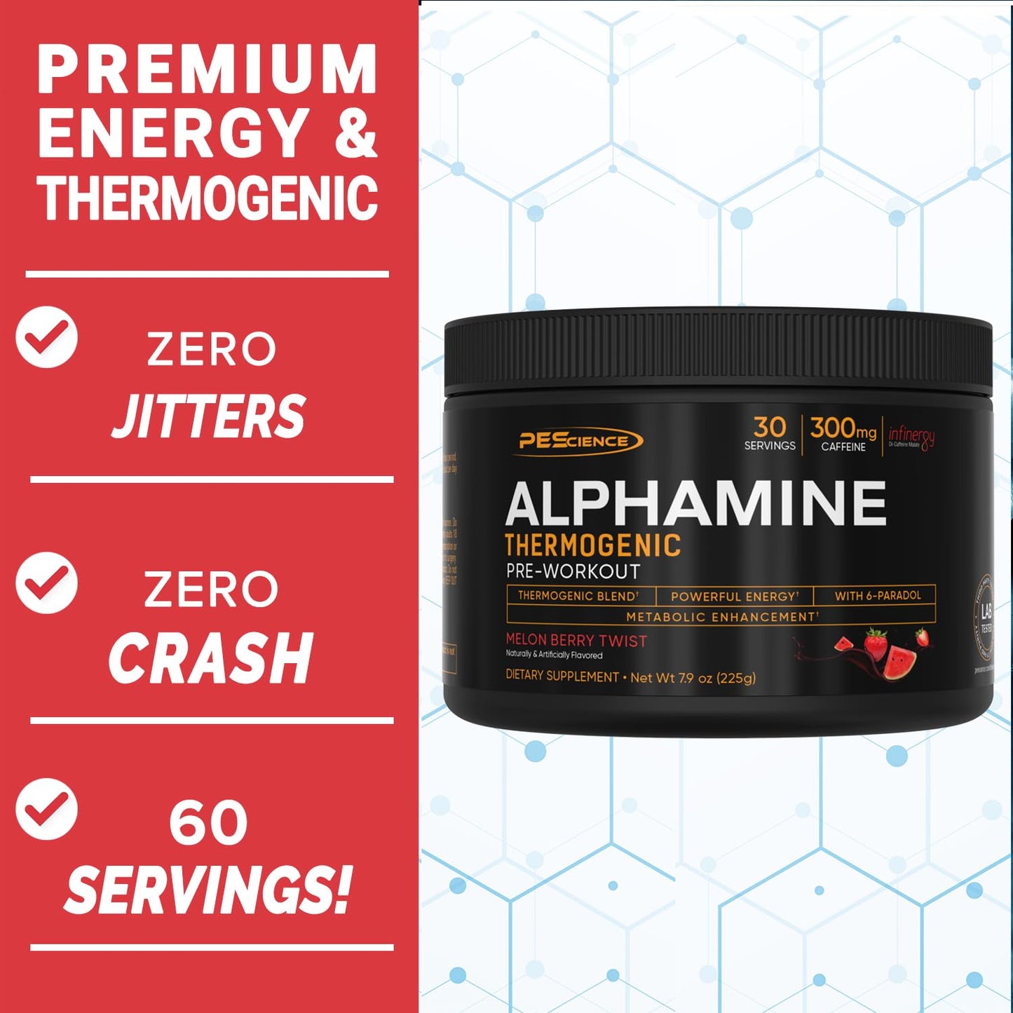 PEScience Alphamine Thermogenic Pre-Workout Energy Powder with L-Carnitine, Melon Berry Twist, 60 Scoops