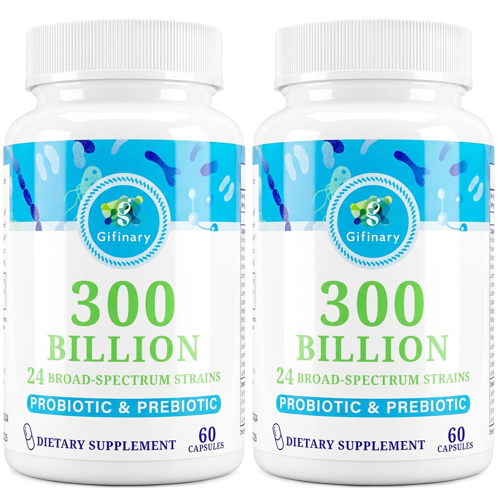 Gifinary Probiotics for Women & Men 300 Billion CFU, 24 Strains + 15 Organic Herbs Prebiotics Capsules, 120 Count