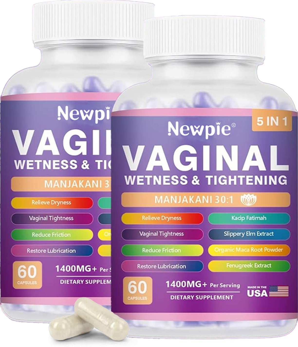 SUWENY Vaginal Moisturizer & Tightening Capsules - Kacip Fatimah 1,000mg & Manjakni 200mg for Female Intimate Health, Slippery Elm for Women - Vegan, 60 Capsules