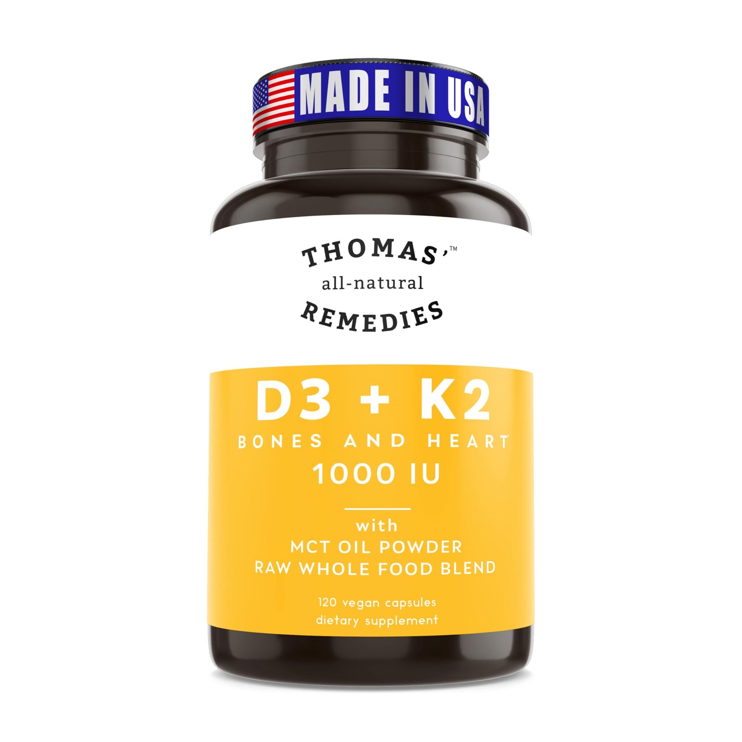 Thomas' all-natural Remedies D3 + K2 with MCT Oil for Better Absorption & Raw Whole Food Blend 1000 IU D3 Capsules 120