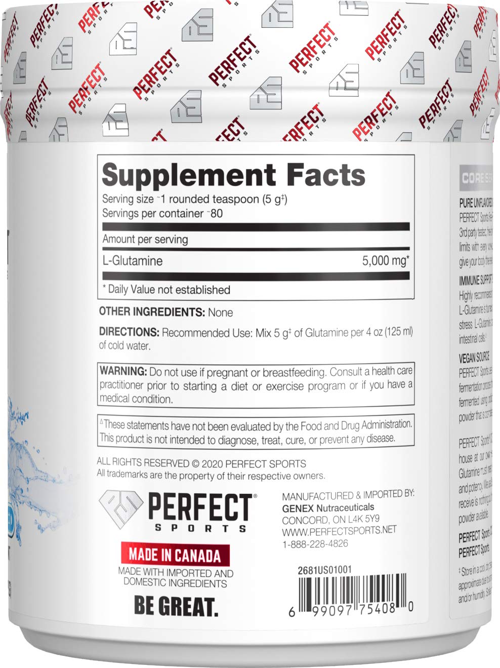 Perfect Sports Free Form Glutamine Powder 80 Servings