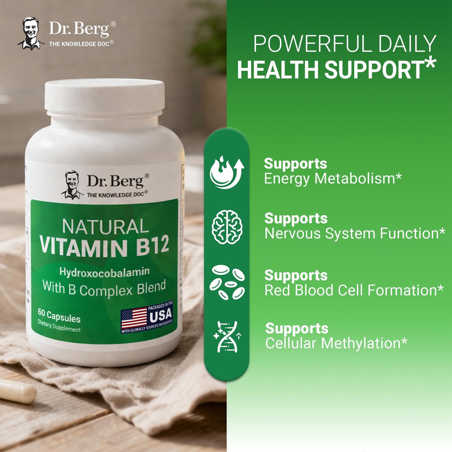 Dr. Berg Nutritionals Natural Vitamin B12 1000 mcg (Hydroxocobalamin) Capsules, 60 Count