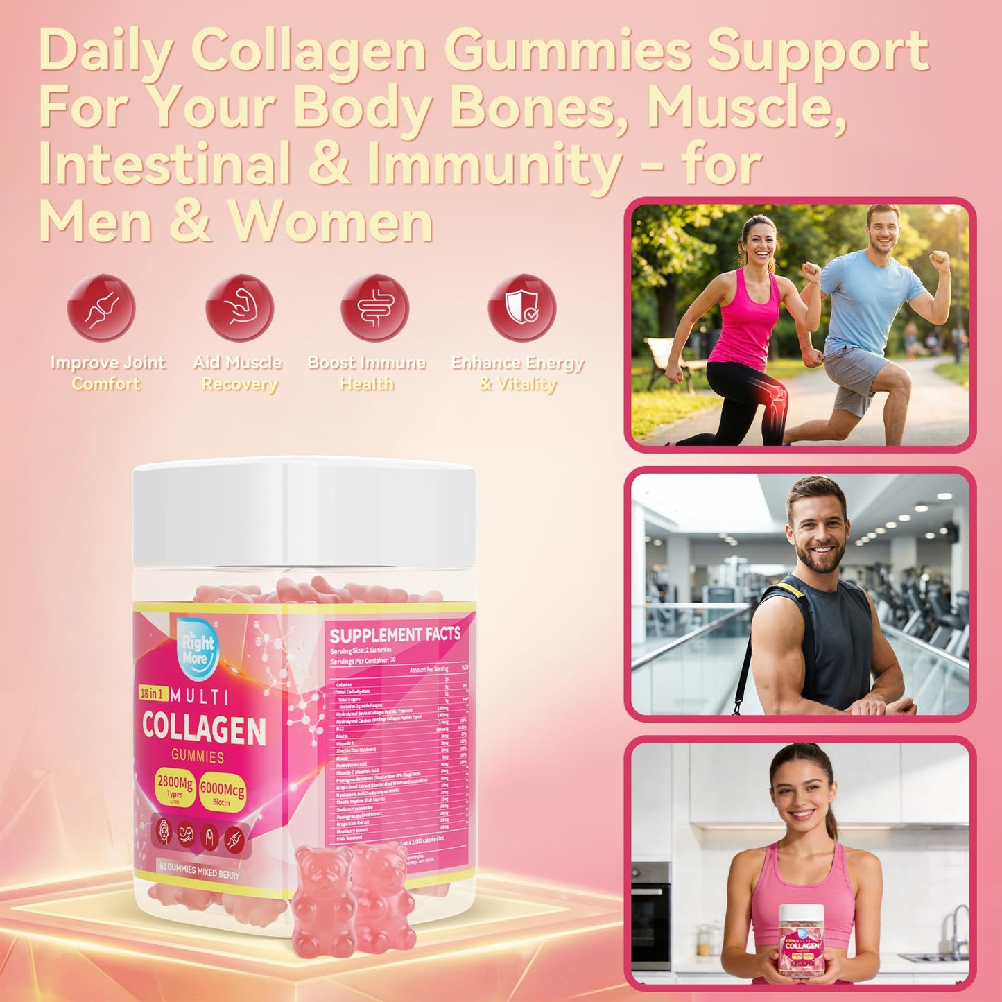 Right More 18-in-1 Collagen Gummies – Multivitamin Biotin 6000mcg Zinc Hyaluronic Acid for Skin Hair Nails – Mixed Berry, 60 Gummies