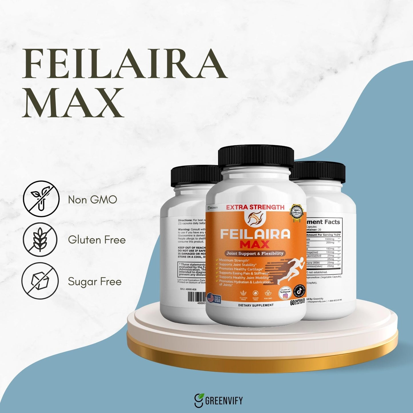 GREENVIFY Feilaira Max Extra Strength Joint Support Supplement 1500mg Glucosamine Capsules, 180 Count