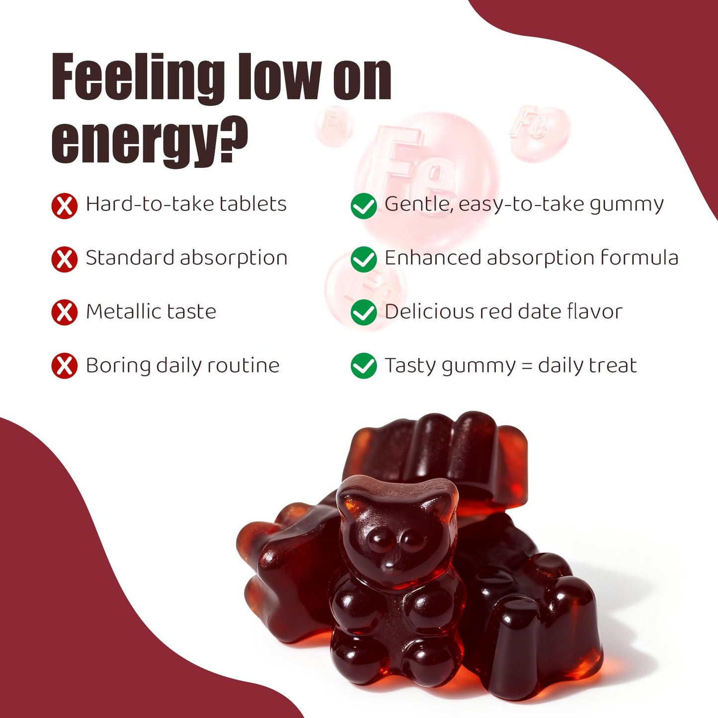 Faroromy Iron & Multivitamin Gummies for Adults & Kids, Folate, Vitamin C, B12, B6 & Zinc - Red Date Flavor, 90 Count