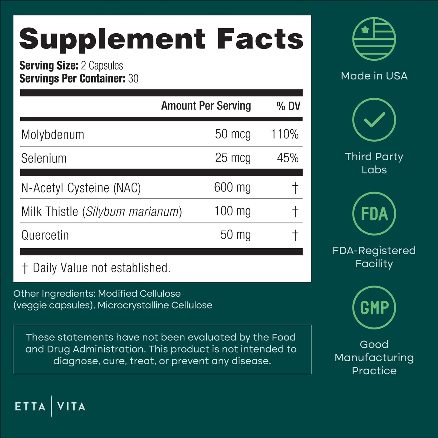 Etta Vita NAC Supplement N-Acetyl Cysteine 600mg - Liver & Immune Support, 60 Capsules