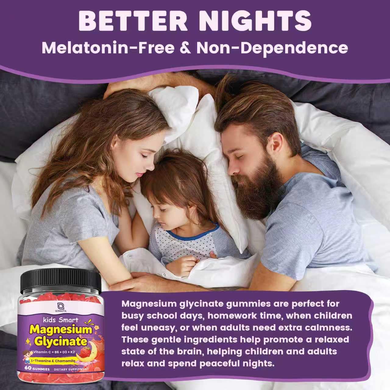 GONGOTA Magnesium Gummies for Kids & Adults - 400/200mg Magnesium Glycinate with L-Theanine, Chamomile, D3 & K2, Melatonin Free, Sugar Free, 120 Gummies