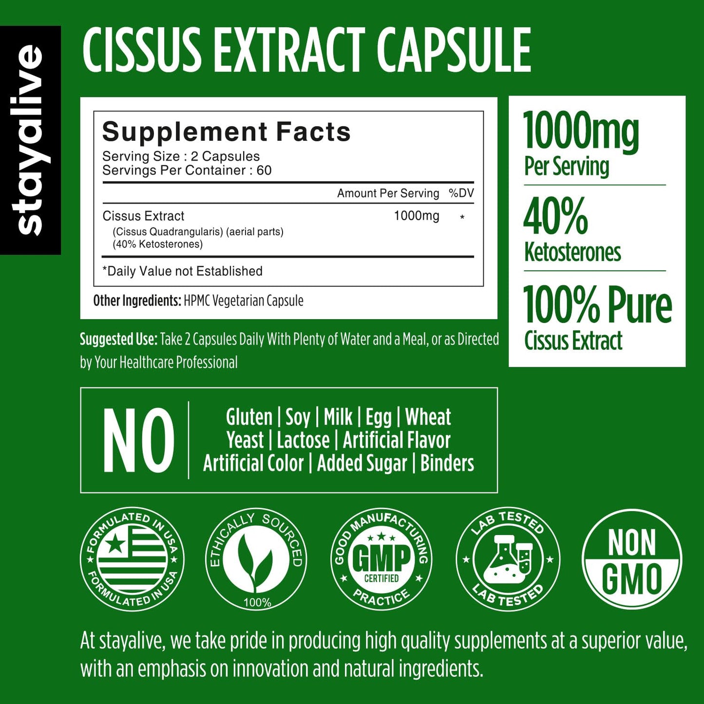 STAY ALIVE Cissus Quadrangularis Supplement 1000mg Capsule, 120 Count