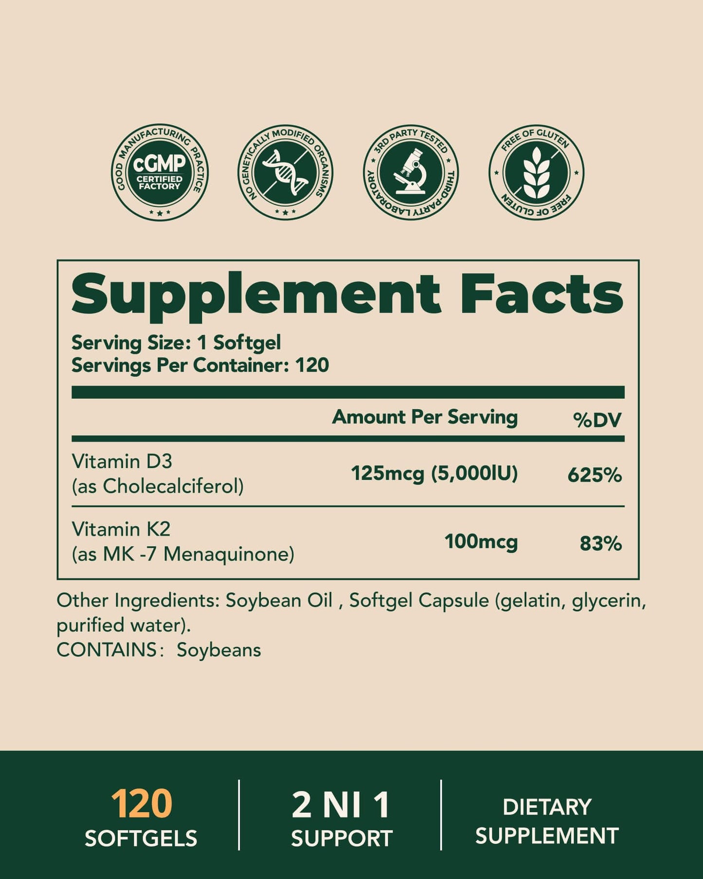 BienRaíz Vitamin D3 K2 5000IU 100mcg MK-7 Softgels, 120 Count