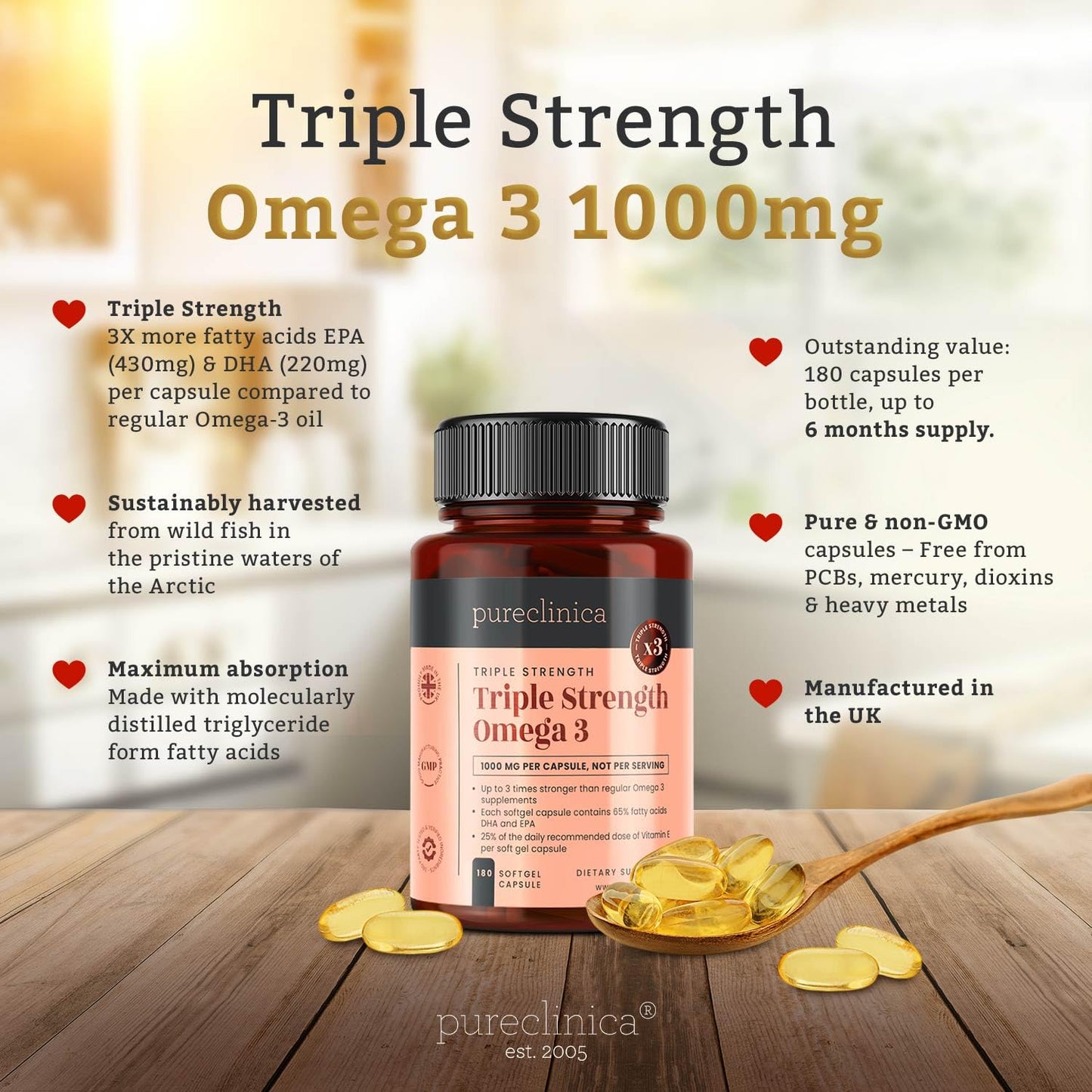 Pureclinica Triple Strength Omega 3 Fish Oil 1000mg 180 Softgels