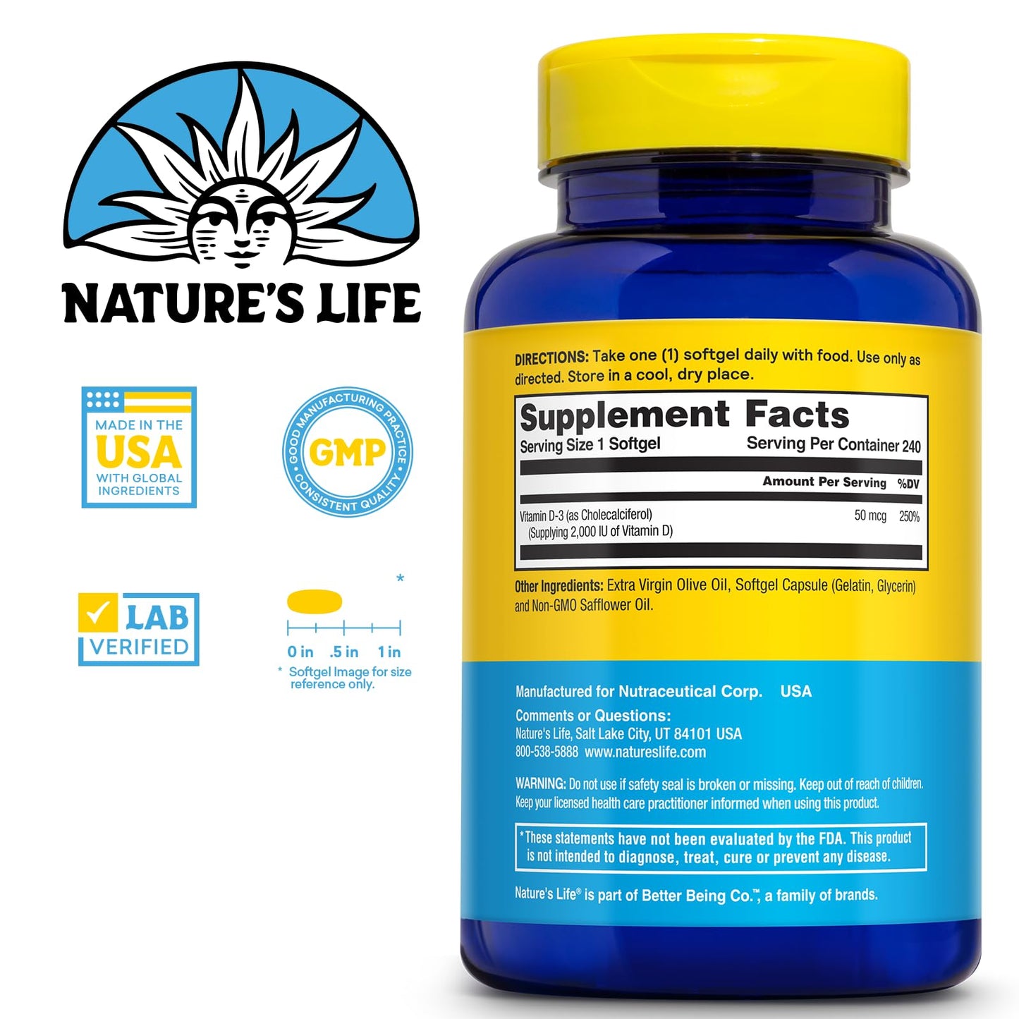 Nature's Life Strengthening Vitamin D3 2000 IU (50 mcg) Softgels, 240 Softgels