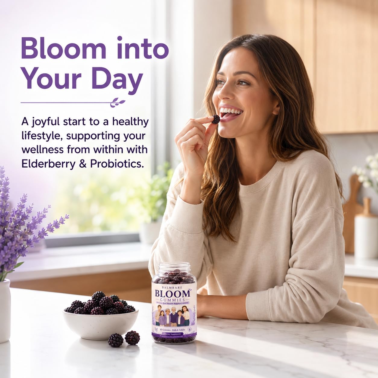 GBQMGS BALMBARE Bloom Gummies with Elderberry & Probiotics, Promote Gut Acid-Base Balance, Support Gut Health, Berry Flavor, Non-GMO, Gluten Free 60 Gummies