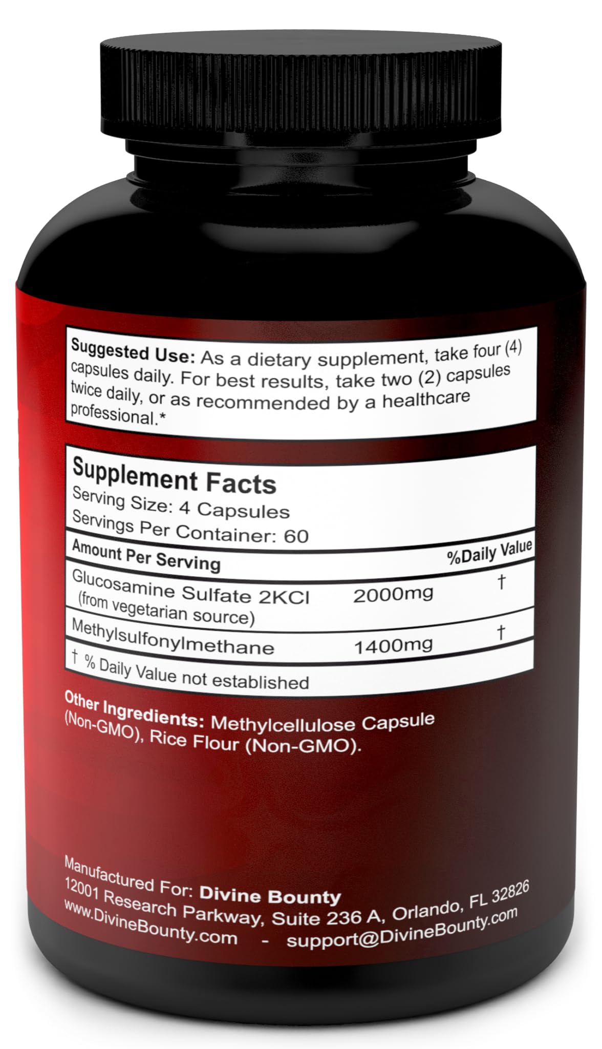 Divine Bounty Glucosamine Sulfate 2000mg with MSM Capsules, 240 Count