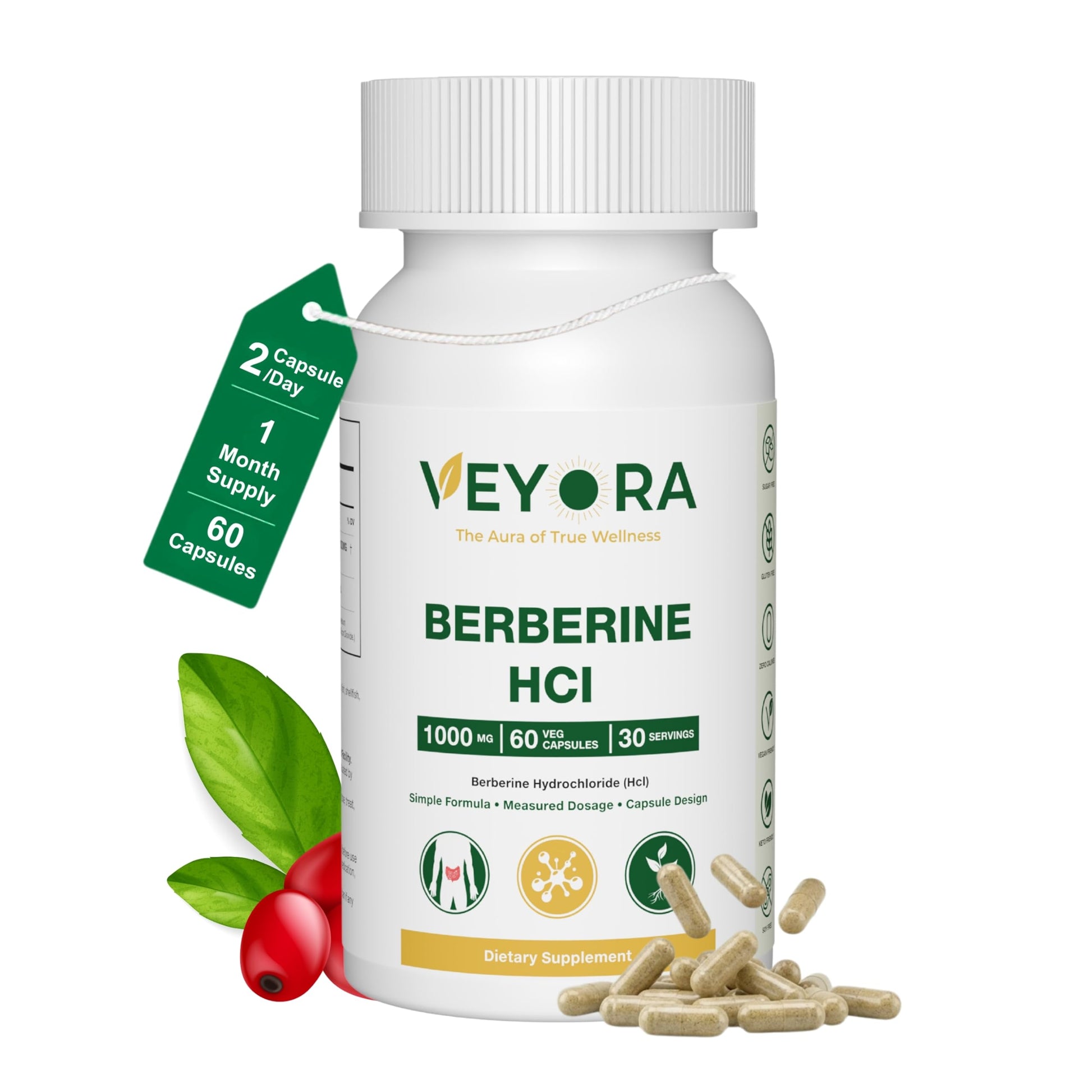 VEYORA Berberine HCl 1000 mg Capsules, 60 Count