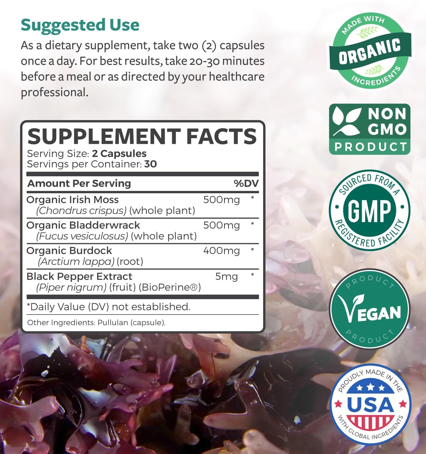 Healths Harmony Organic Irish Sea Moss Capsules with Bladderwrack, Burdock Root & Black Pepper Extract, 60 Capsules