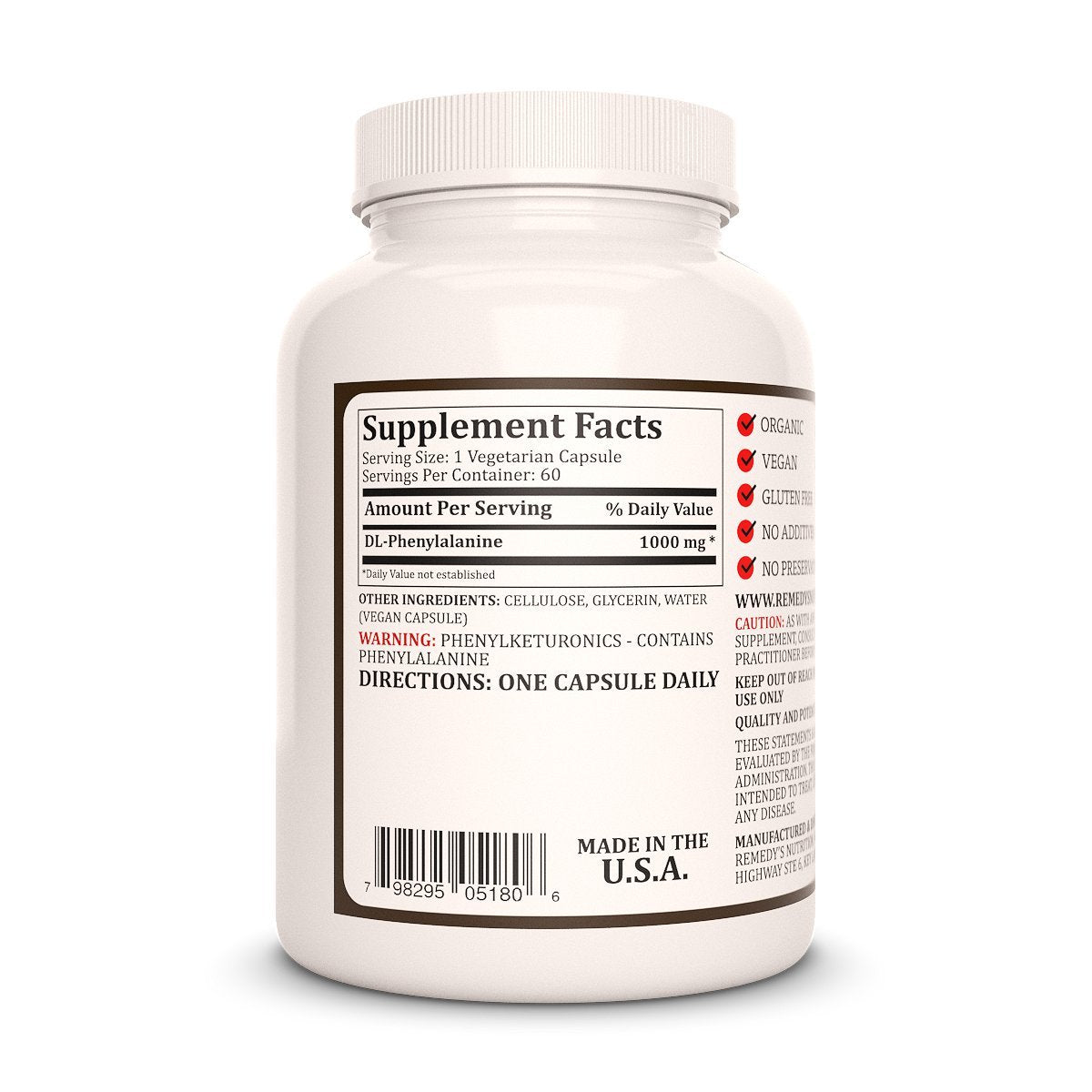 Remedy’s Nutrition DL-Phenylalanine (DLPA) 1,000 mg Capsules, 60 Count