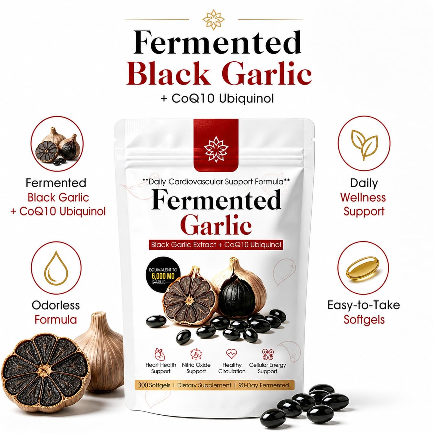 BnPnCn Fermented Black Garlic Extract + CoQ10 Ubiquinol - 6000mg Odorless Softgels, 300 Softgels