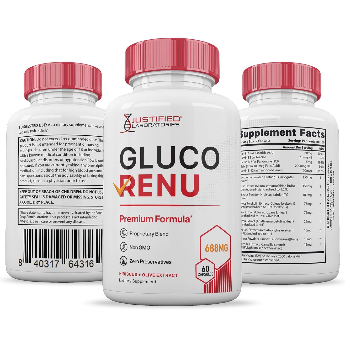 Justified Laboratories Gluco Renu 688MG Glyco Support Capsules, 600 Capsules