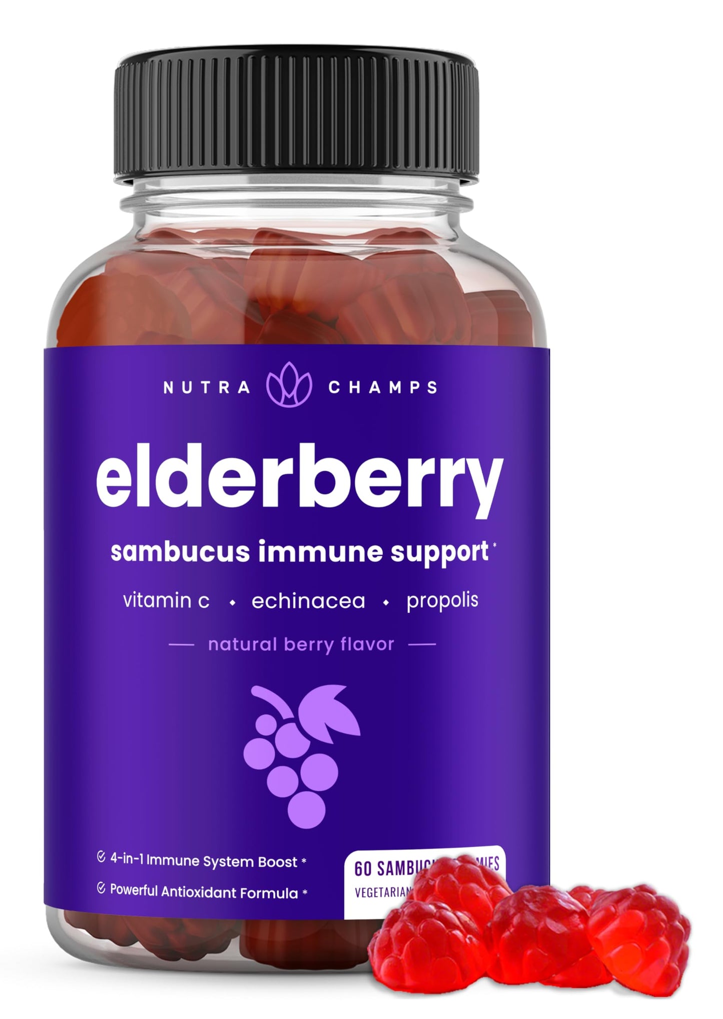 NutraChamps Elderberry Gummies with Vitamin C, Propolis & Echinacea, 60 Gummies