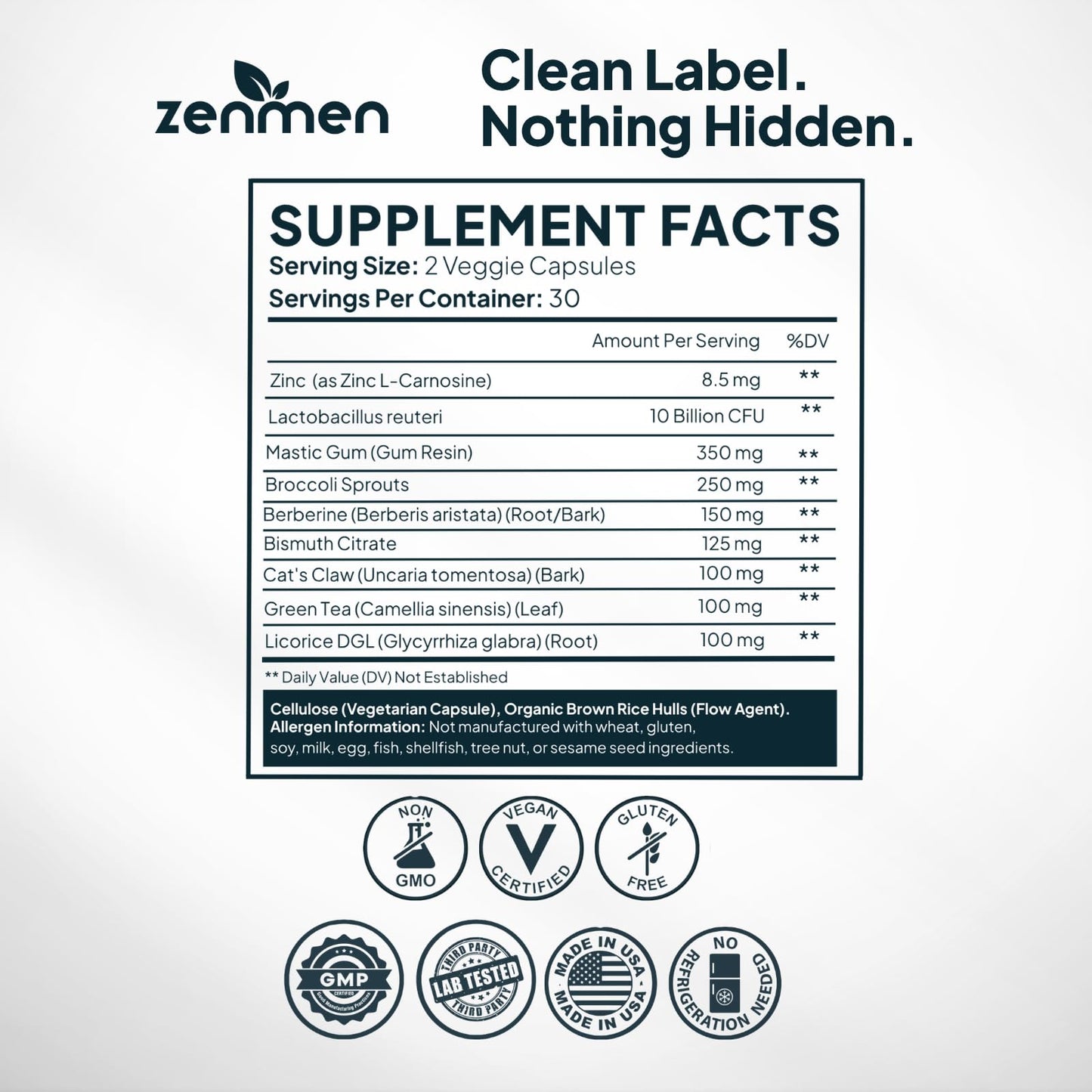 Zenmen H. Pylori Support Lactobacillus Reuteri Probiotic with Mastic Gum for Digestion & GI Health Capsule, 60 Count