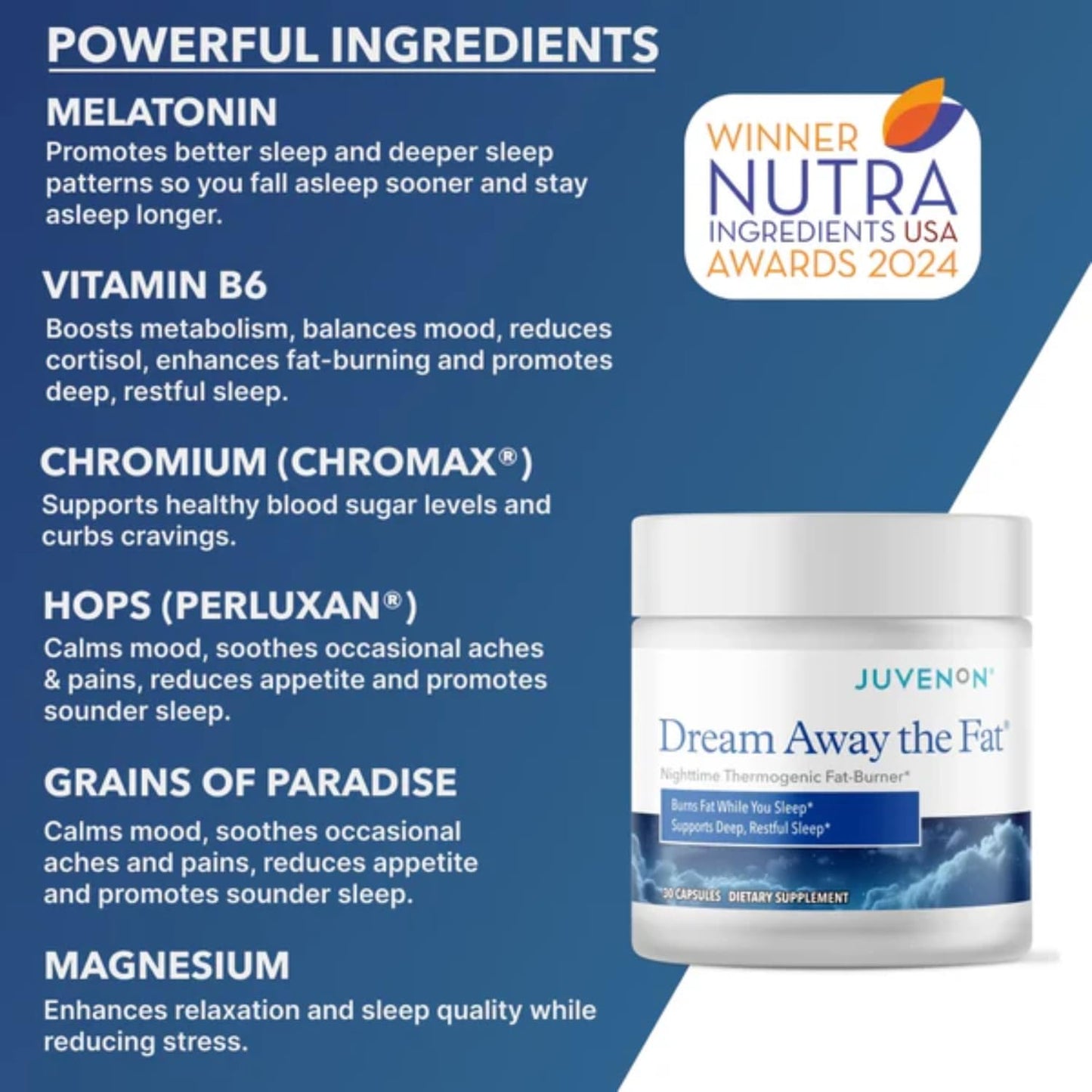 Juvenon Dream Away the Fat Nighttime Support with Melatonin, Grains of Paradise & Chromium – Relaxation & Metabolism Support While You Rest, 30 Capsules