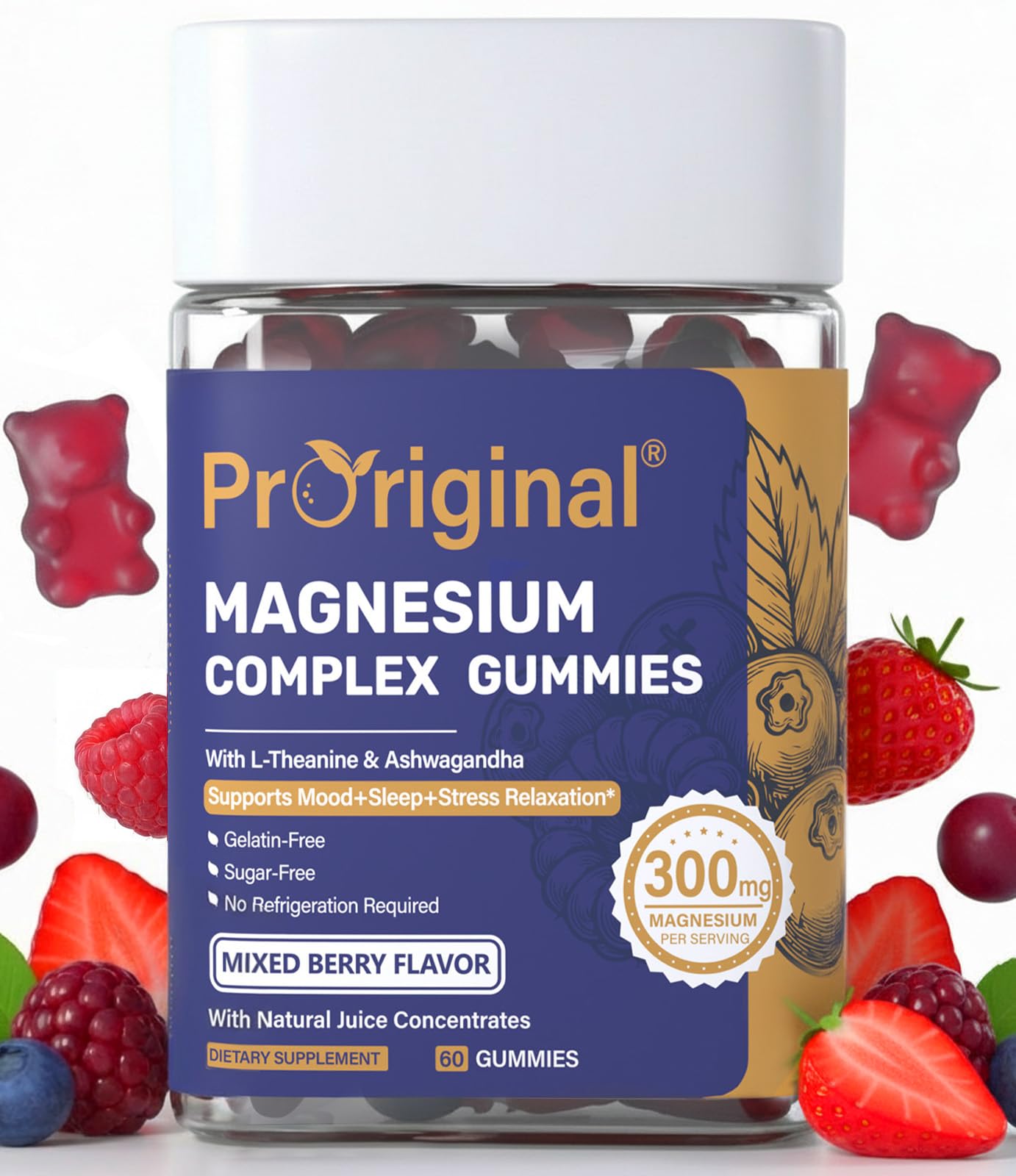 Proriginal Magnesium Gummies 300mg Complex for Stress & Sleep, 60 Gummies