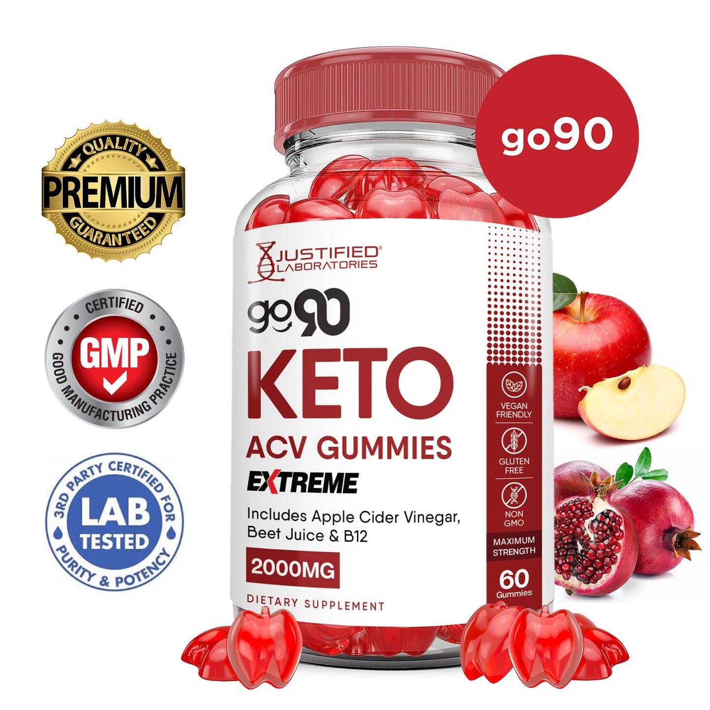 Justified Laboratories Go 90 Keto ACV Gummies Extreme 2000MG Apple Cider Vinegar with Pomegranate Beet Juice Powder B12, Vegan Non-GMO, 300 Gummies
