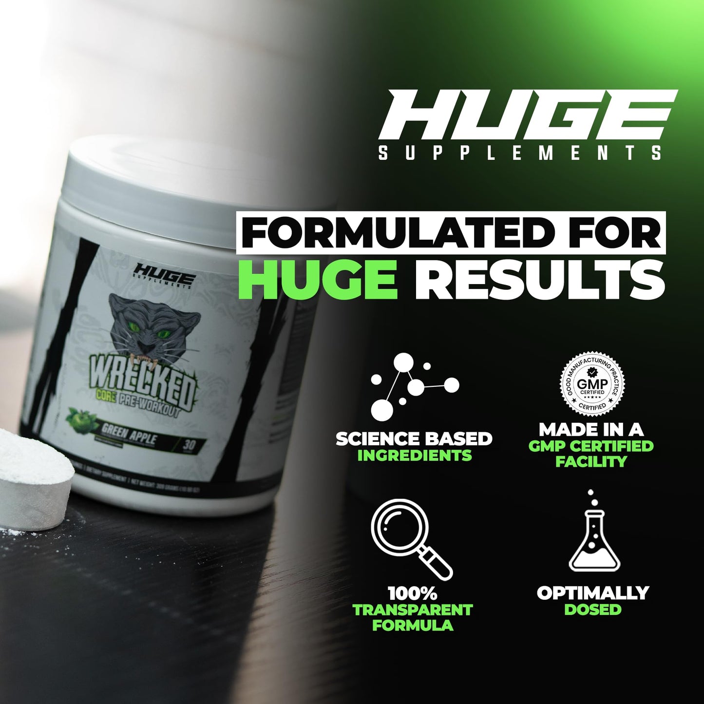 Huge Supplements Wrecked Core All-in-One Pre-Workout Supplement for Men & Women, Increase Energy, Focus & Pumps with L-Citrulline, Beta-Alanine, L-Tyrosine & More Green Apple Powder 30 Servings