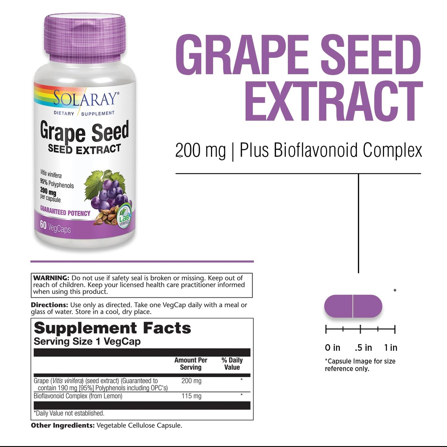 Solaray Grape Seed Extract 200 mg Plus Bioflavonoid Complex Capsules, 60 Capsules