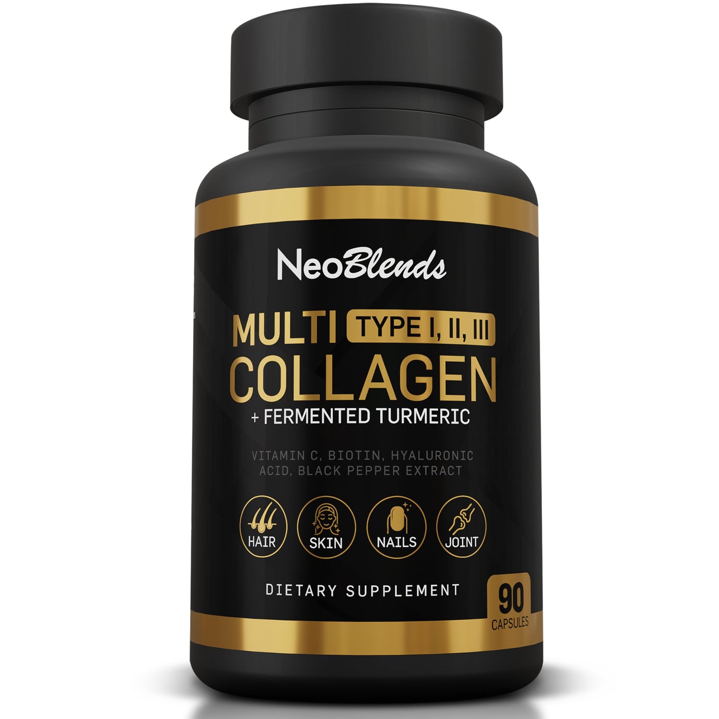 NEOBLENDS Multi Collagen + Fermented Turmeric – Hydrolyzed Collagen Types I, II & III with Biotin, Hyaluronic Acid & Vitamin C – Skin, Hair, Nail & Joint Support – 90 Capsules