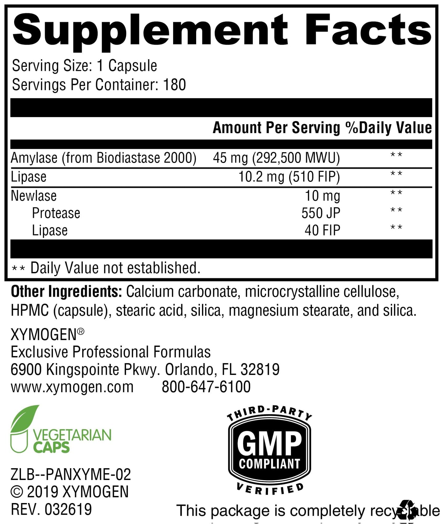 XYMOGEN PanXyme pH Capsules 180