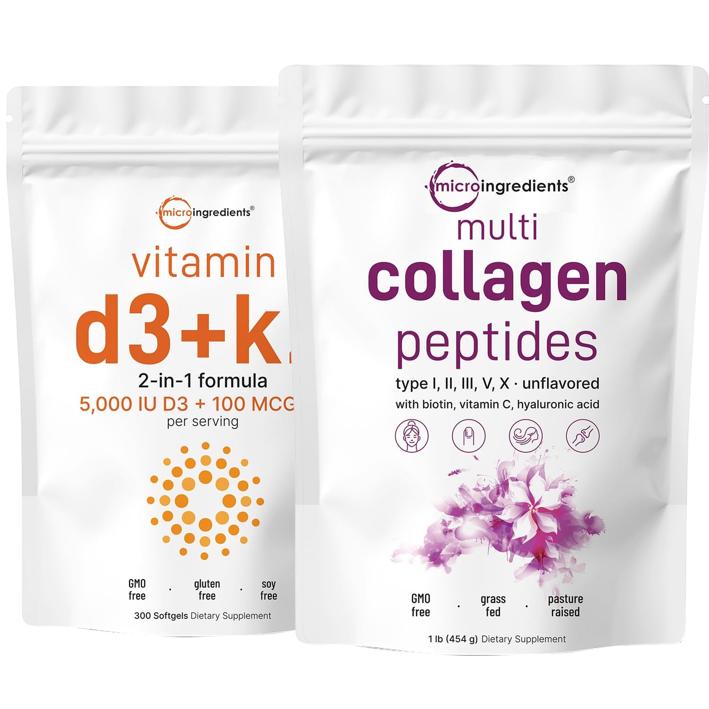 Micro Ingredients Multi Collagen Protein Powder 16oz & Vitamin D3 5,000iu + K2 100mcg Softgel 2 Pack