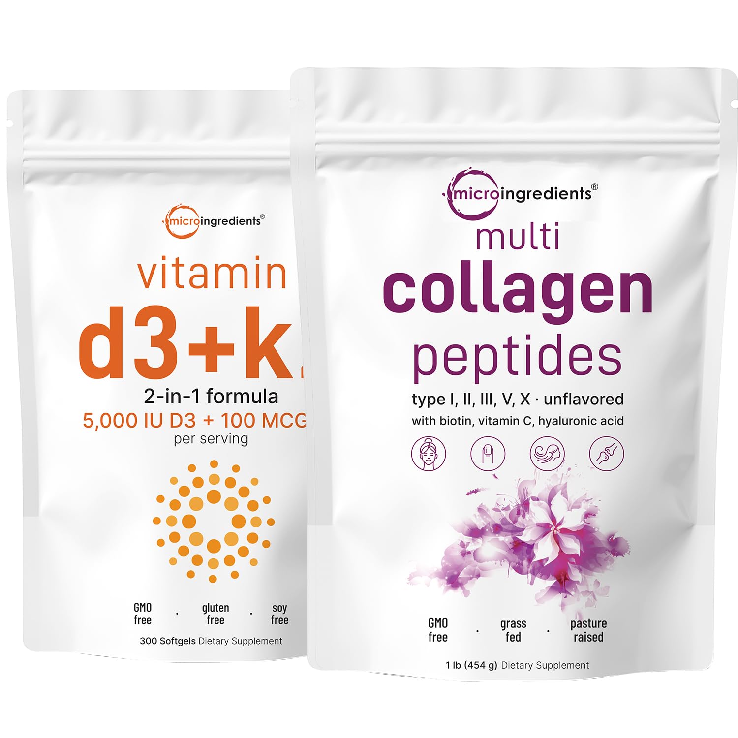 Micro Ingredients Multi Collagen Protein Powder 16oz & Vitamin D3 5,000iu + K2 100mcg Softgel 2 Pack