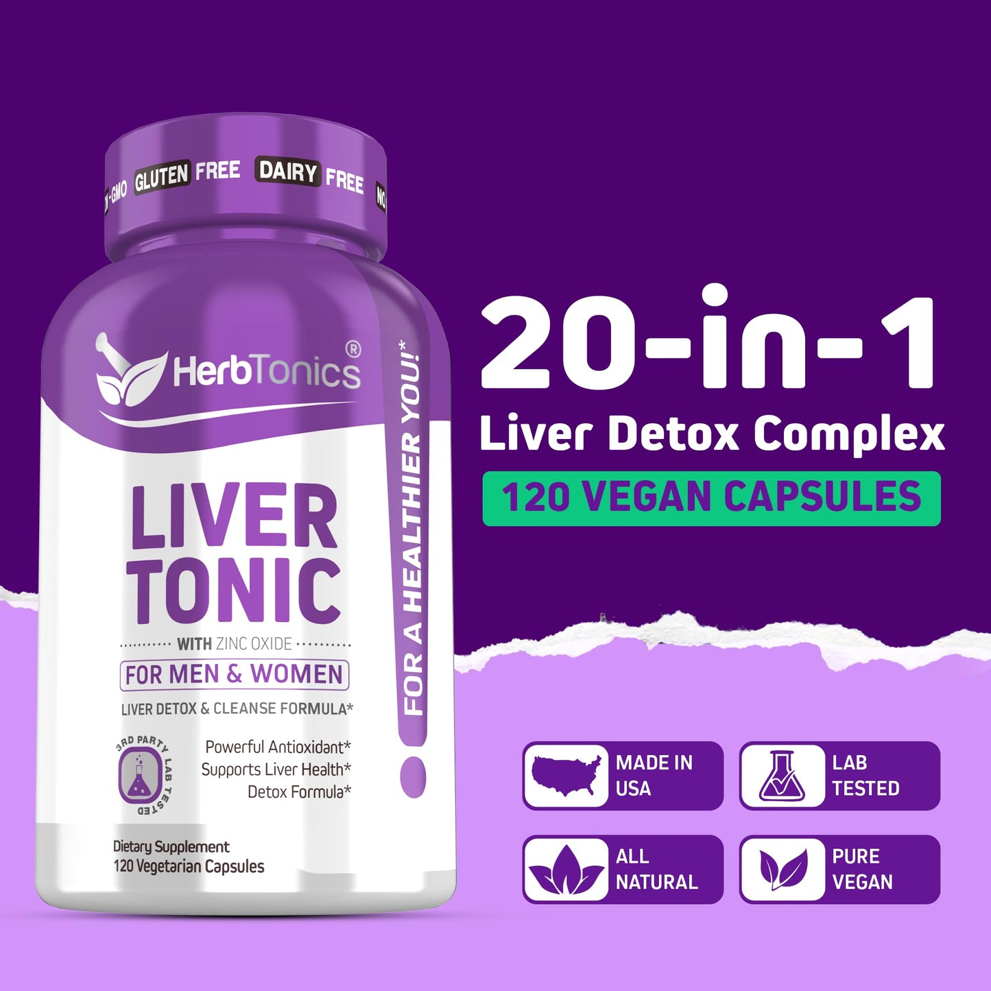 Herbtonics Liver Cleanse Detox & Repair Supplement with Milk Thistle & Artichoke 20-in-1 Liver Support Formula, 120 Capsules