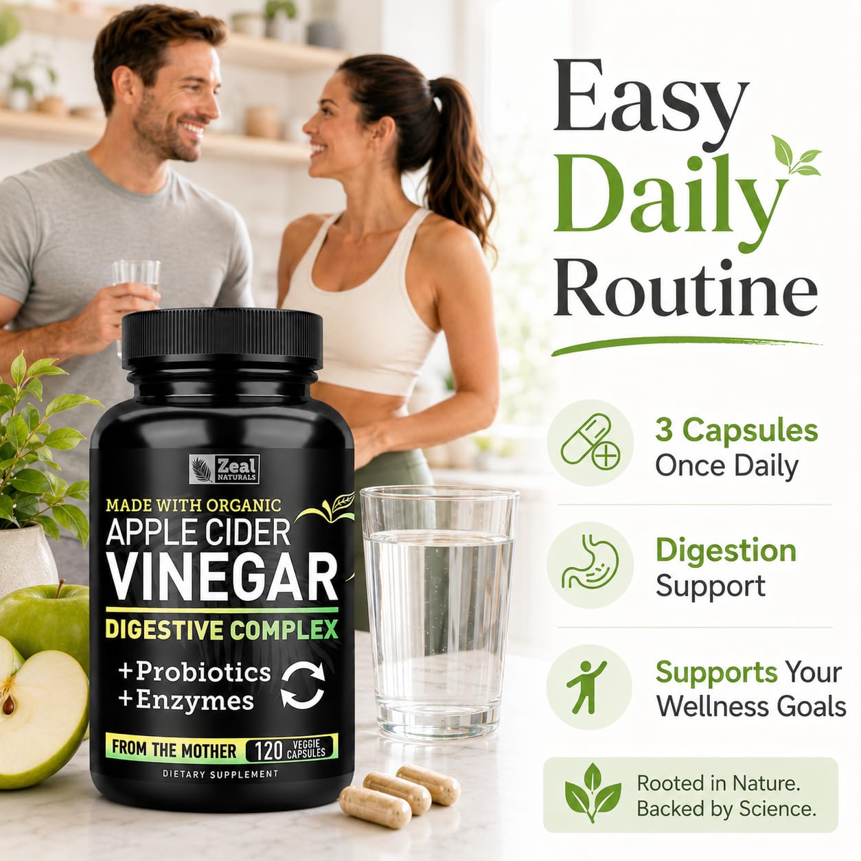 Zeal Naturals Organic Apple Cider Vinegar Capsules + Digestive Enzymes & Probiotics, 120 Capsules