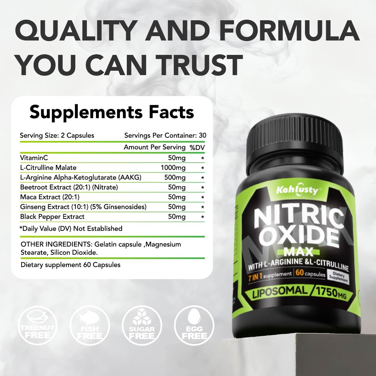 KEHLUSTY Nitric Oxide for Men with L-Citrulline, L-Arginine AAKG 500mg & Beet Root, 60 Capsules