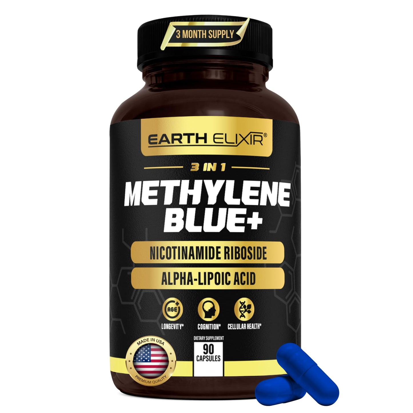 Earth Elixir 3-in-1 Methylene Blue Capsules – Pharmaceutical Grade with Alpha-Lipoic Acid (ALA) & NAD, Energy, Cognitive & Cellular Support, 90 Capsules