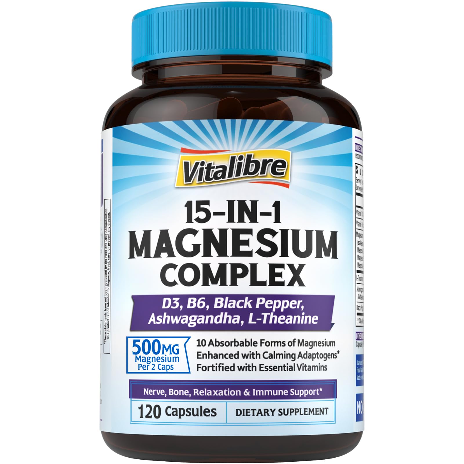 Vitalibre 15 in 1 Magnesium Complex for Women Men Capsules, 120 Count