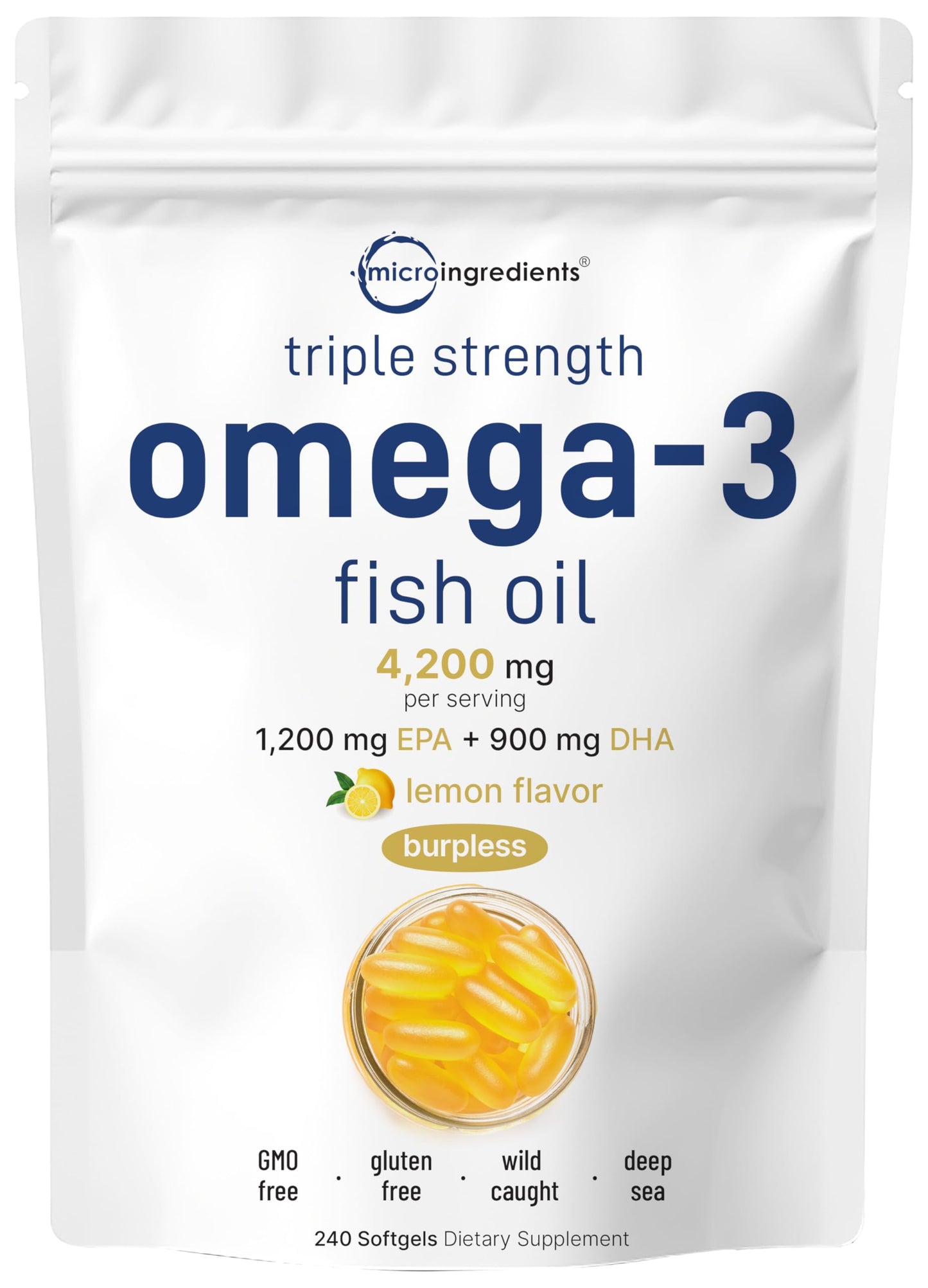 Micro Ingredients Triple Strength Omega-3 Fish Oil Supplements Softgels, 240 Count