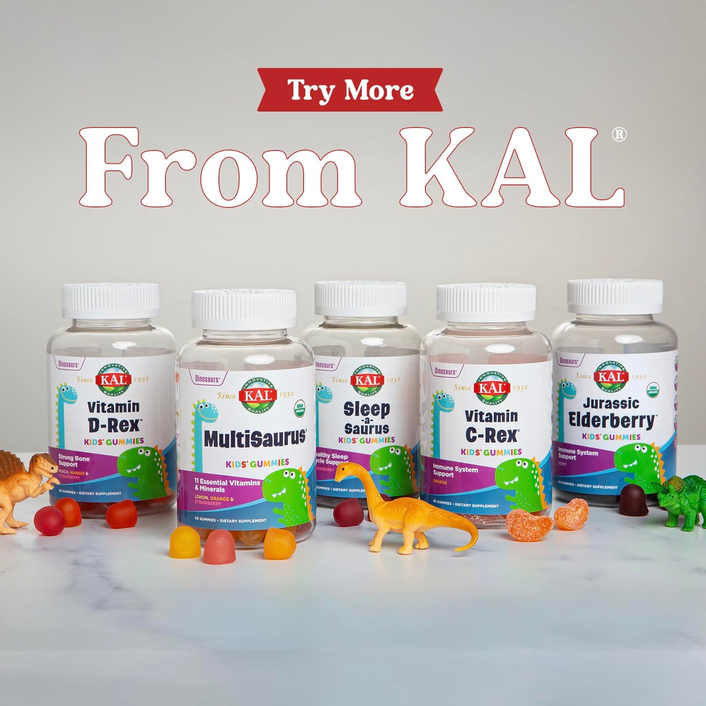 KAL Vitamin D-Rex Vitamin D Gummies for Kids - Vitamin D3 - Peach, Mango, and Strawberry Flavors - Immune, Heart, Bone & Oral Support - Vegetarian, Gluten Free - 60 Servings, 60 Gummies