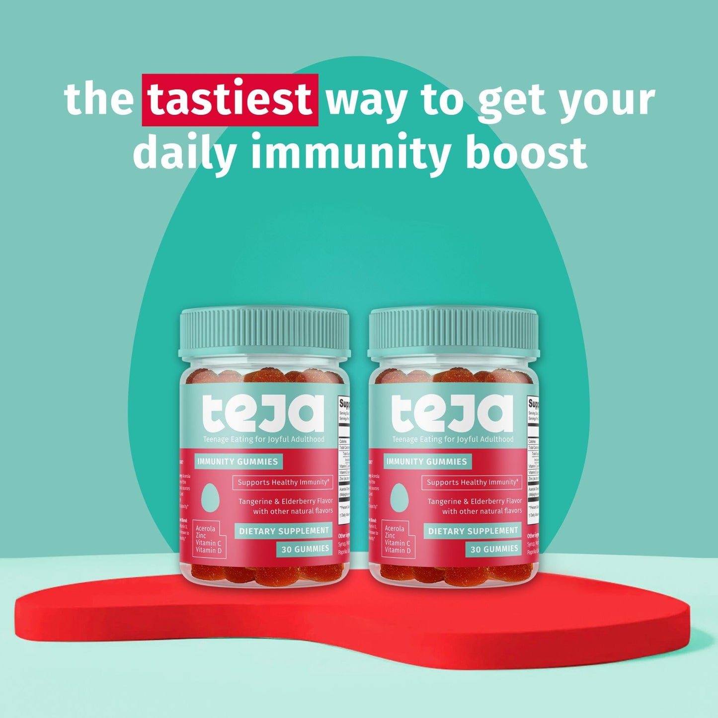 TEJA Immune Support Gummies for Teens with Vitamin D, Vitamin C, Zinc & Acerola, Low Sugar Daily Immunity Multivitamin, 60 Gummies
