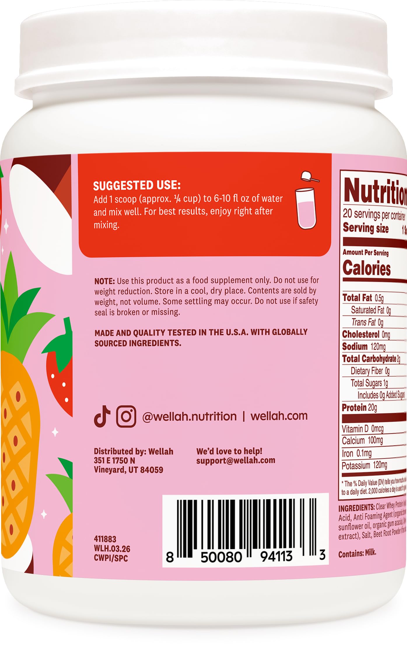 Wellah Clear Whey Protein Isolate Powder (Strawberry Pina Colada) 19.2 Servings