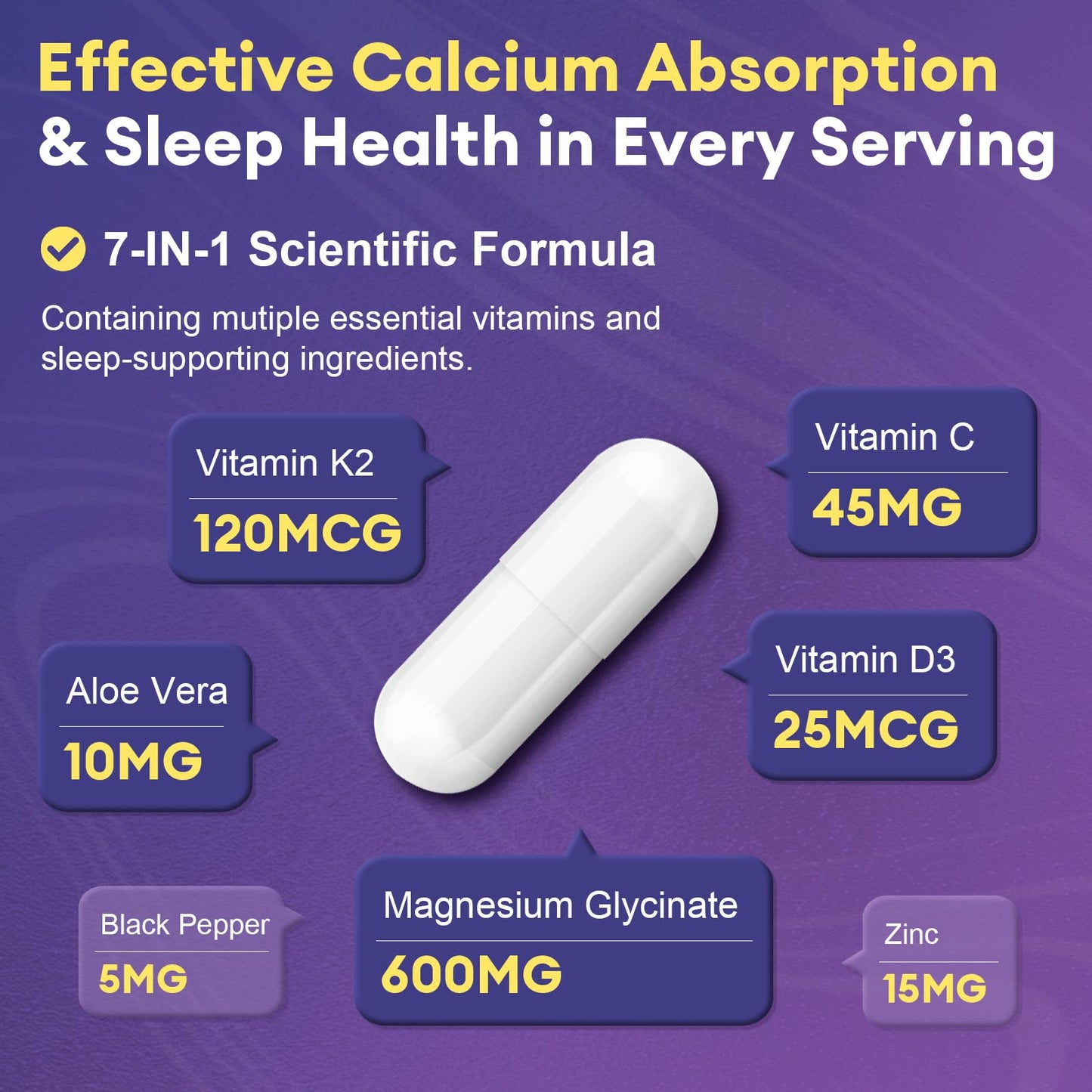 Femmetra Magnesium Glycinate 600mg Vitamin D3 K2 Supplement Capsules, 120 Count