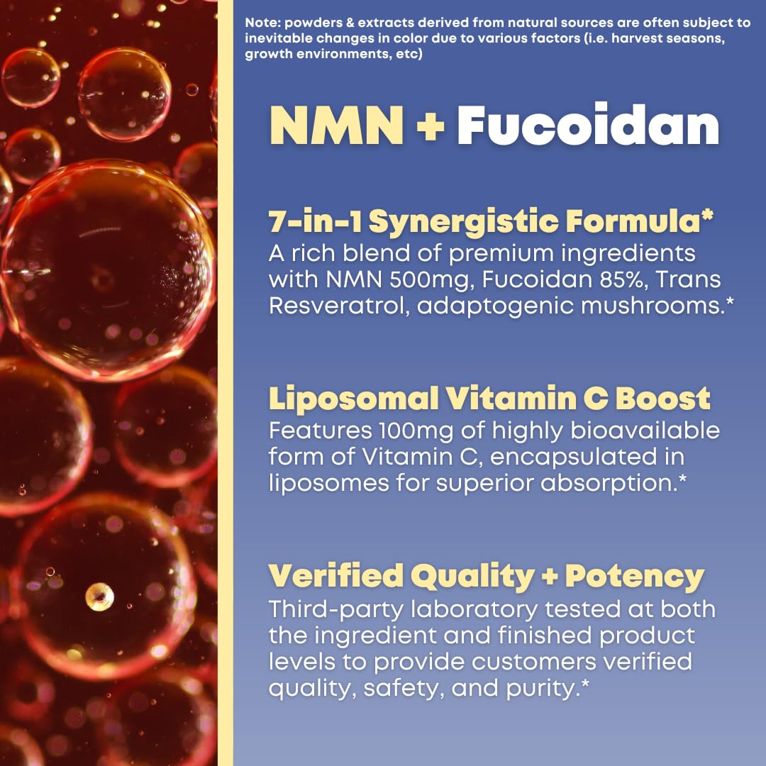 SOLNUVI NMN 500mg & Fucoidan with Trans-Resveratrol, Liposomal Vitamin C, Chaga, Reishi & Maitake Mushroom Extract - NAD+, Mitochondrial Health, 60 Capsules