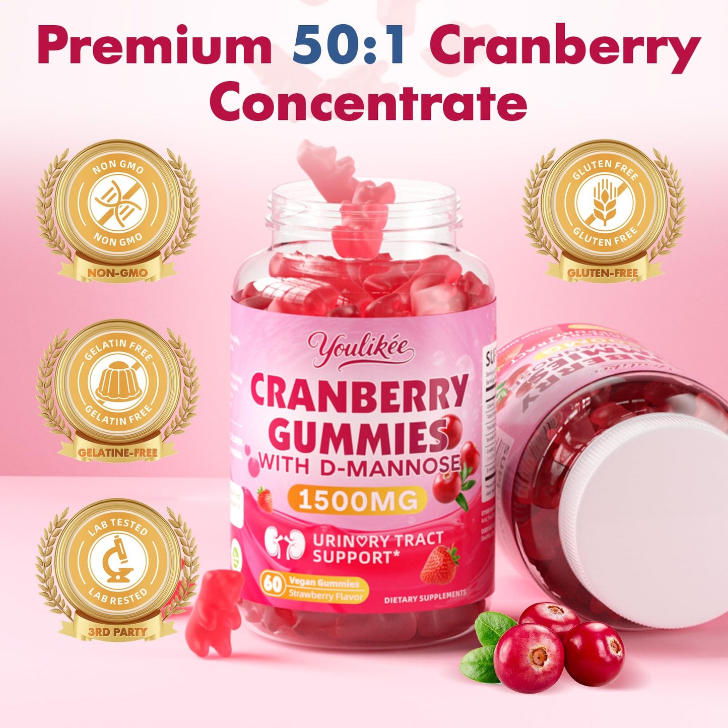 Youlikee Vegan Cranberry Gummies with D Mannose, 60 Count