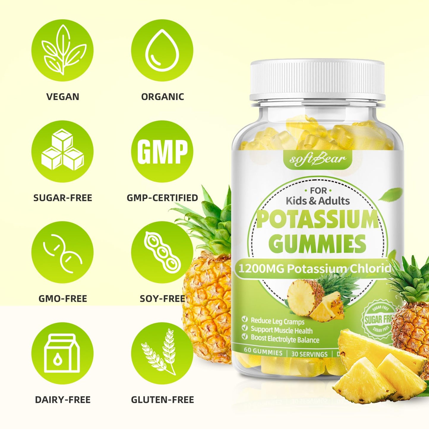 Softbear Potassium Chloride Gummies 1200mg, Sugar-Free Pineapple Flavor, 120 Gummies