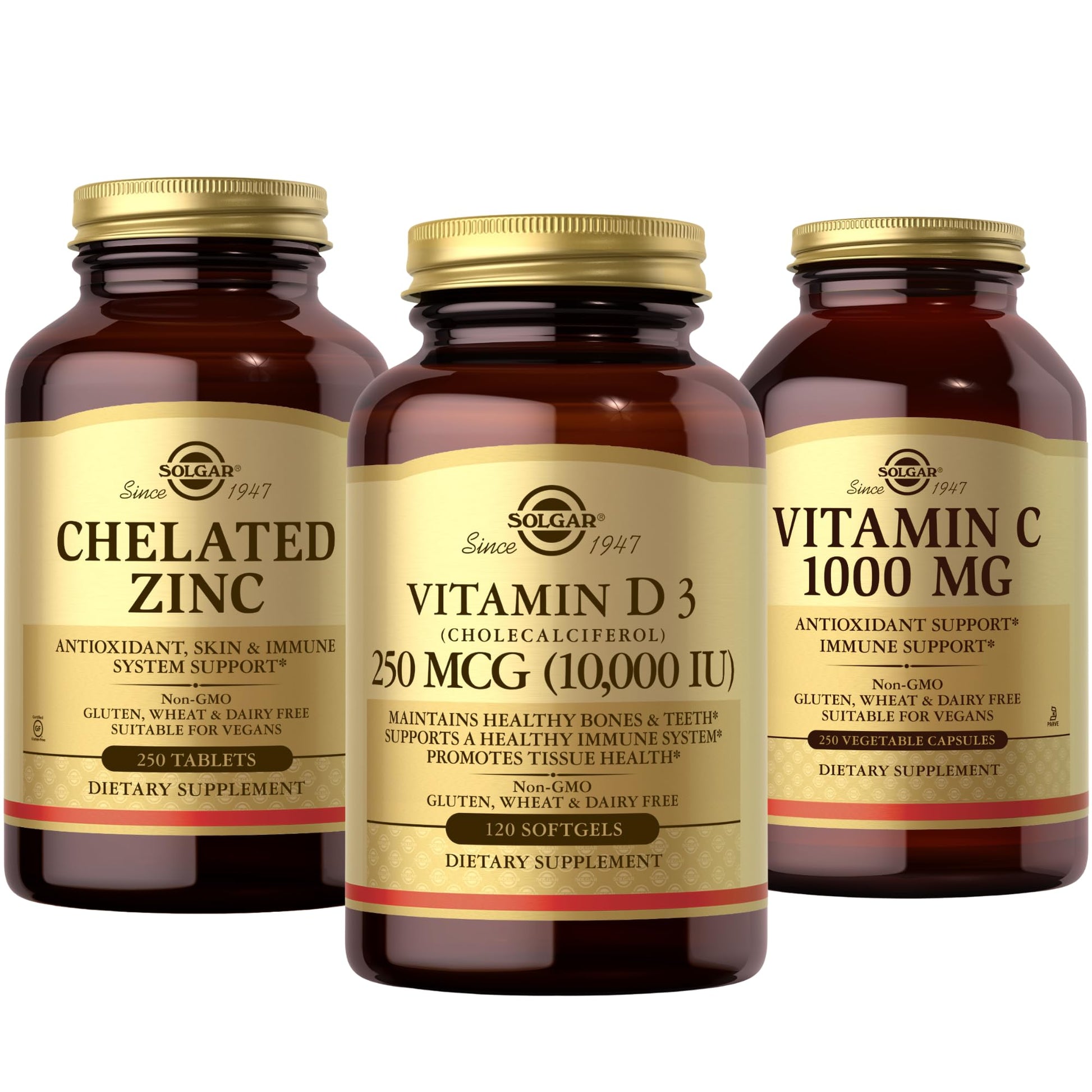 SOLGAR Vitamin C, D & Zinc Bundle: Vitamin C 1000 mg Vegetable Capsules, D3 250 mcg (10,000 IU) Softgels, Chelated Zinc 250 Tablets, 620 Units