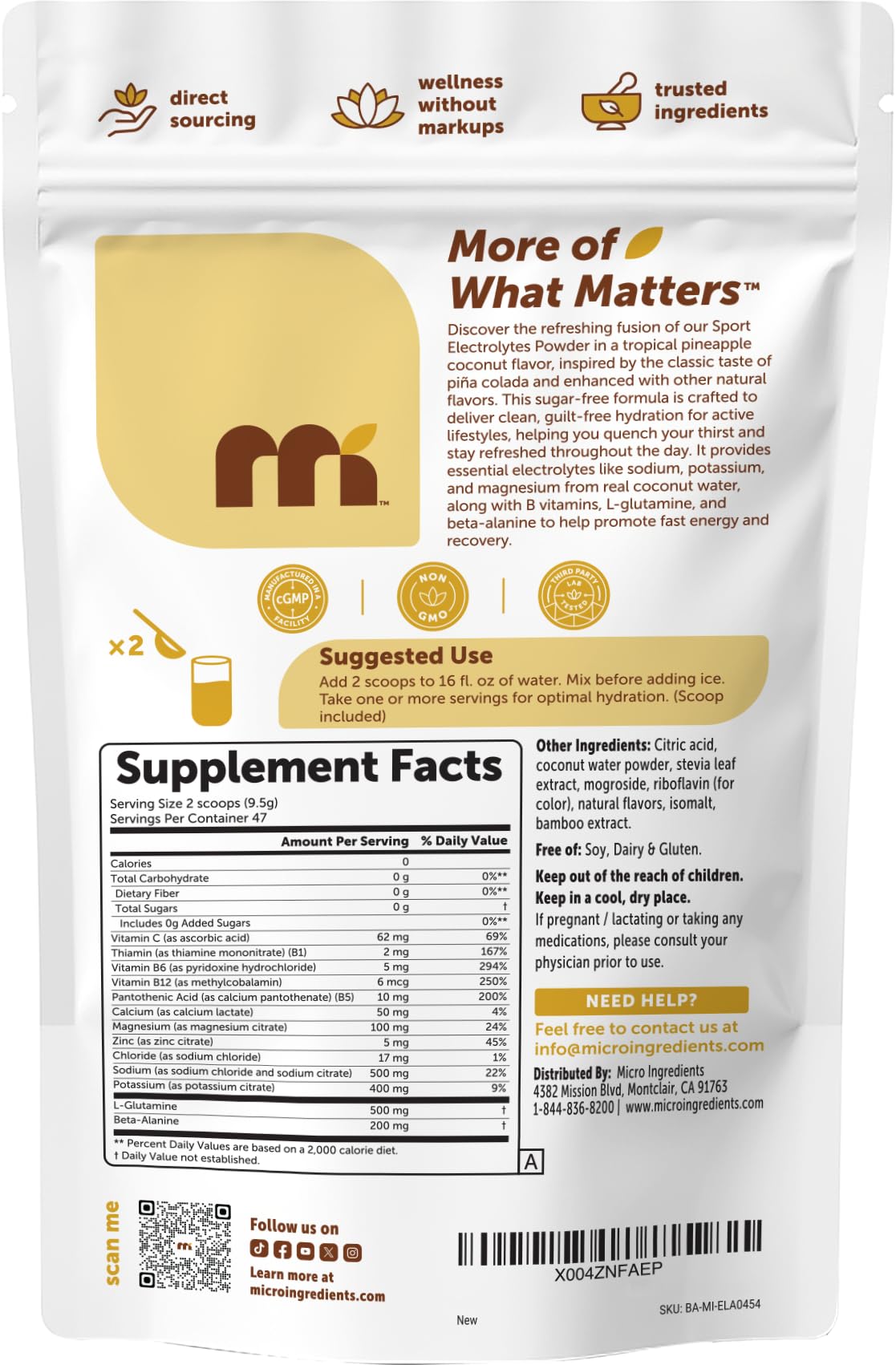 Micro Ingredients Electrolytes Powder, 16 oz