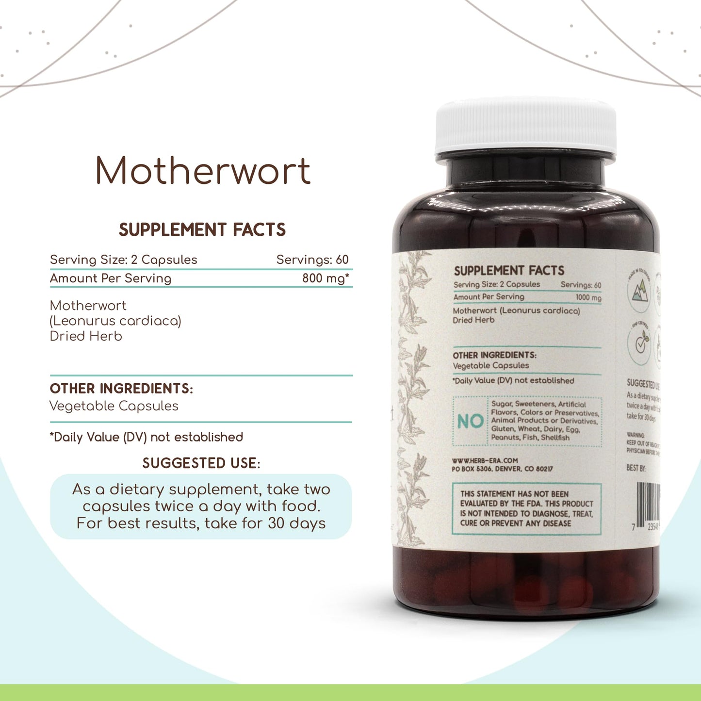 HerbEra Motherwort 400 mg Capsules, 120 Count