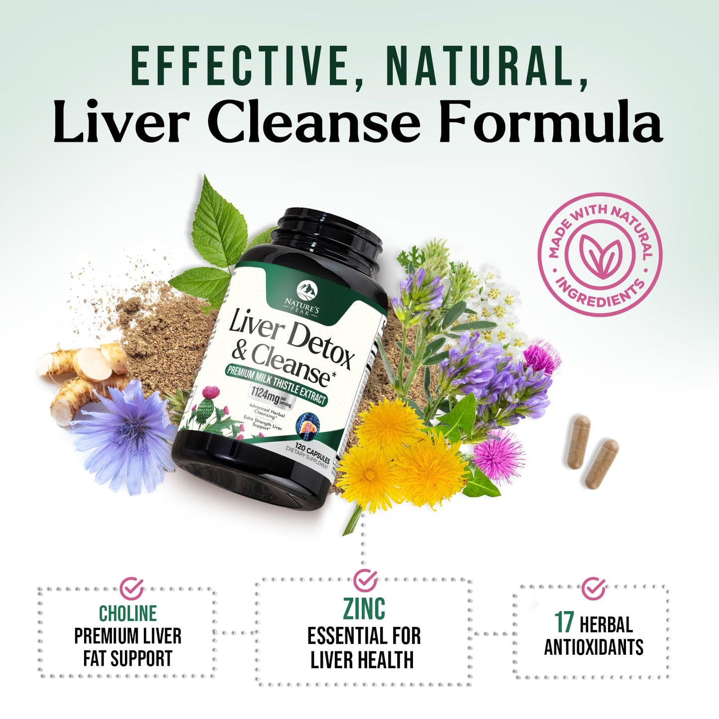 Nature's Peak Liver Cleanse Detox & Repair Milk Thistle Supplement Capsules, 120 Count